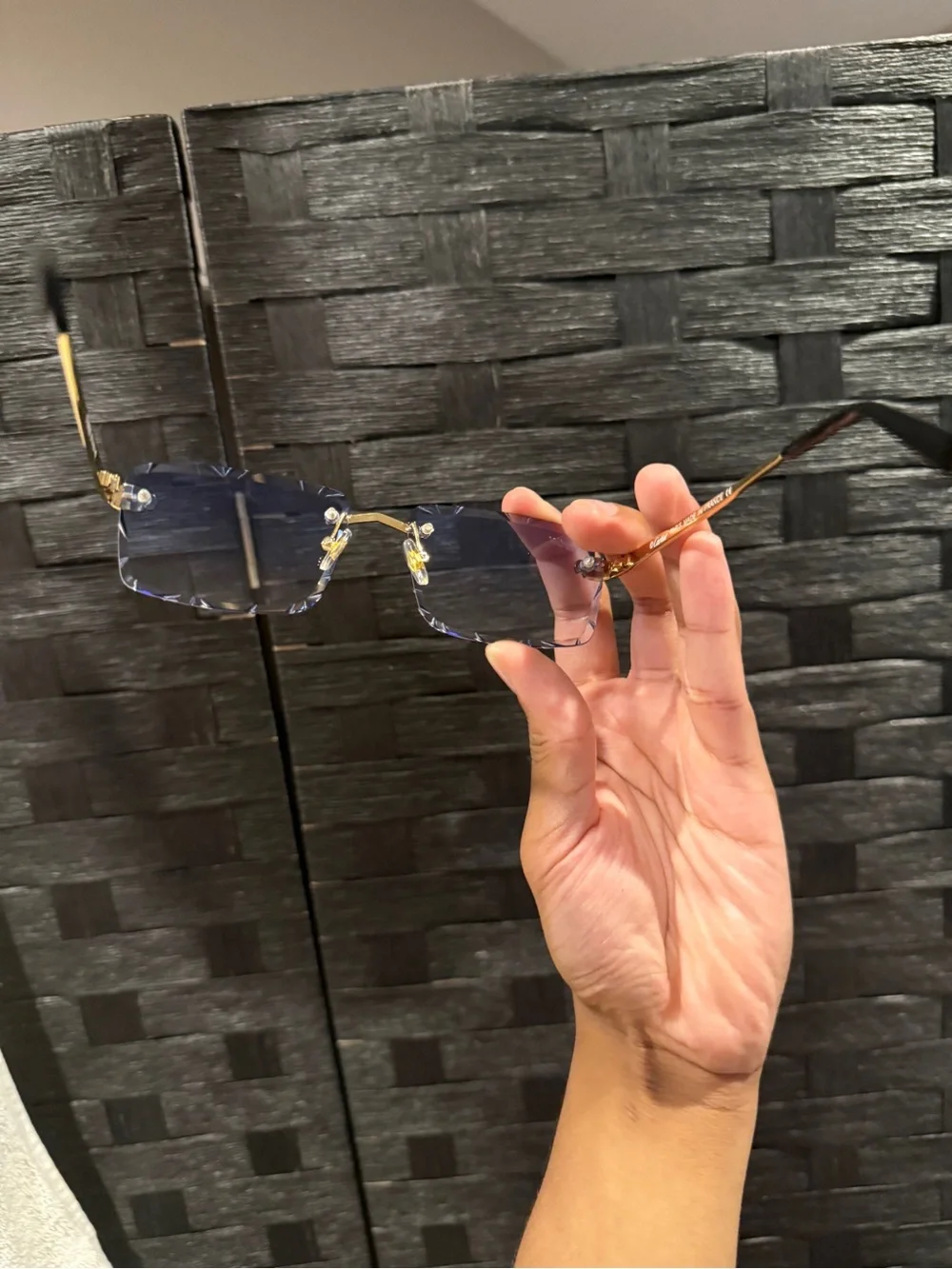 Gold Rimless Women's Sunglasses - Clear/Light Blue Lenses